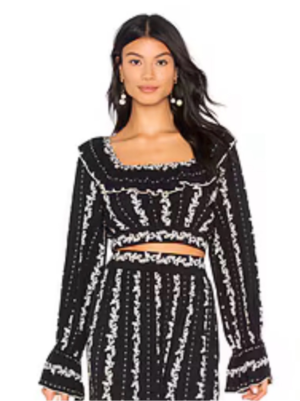 Free People Lolita Navy and Cream Patterned Detail Cropped Boho Style -Top Only